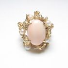 1940s Vintage 14K Yellow Gold 3.35 Natural Pink Angel Skin Coral And Pearl Ring