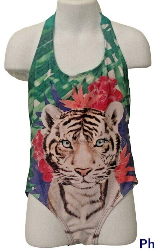 Gymboree Girls One Piece Halter Swimsuit Size S 5-6 Floral Kitten Face  - Image 1 of 4