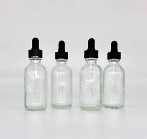 4 Pack - 2oz CLEAR Boston Glass Bottles with Glass Eye Dropper- New ! 60 ML - Picture 1 of 6