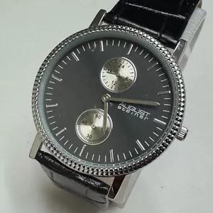 August Steiner Quartz Watch Men Silver Black Small second Leather New Battery - Picture 1 of 6