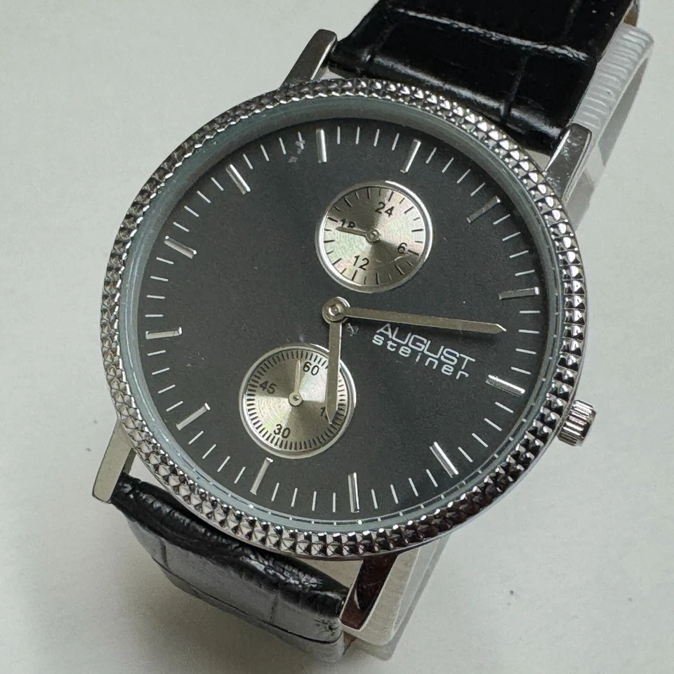 August Steiner Quartz Watch Men Silver Black Small second Leather New Battery - Image 1 of 4
