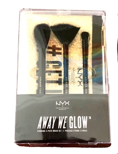 NYX Away We Glow Strobing Brush Set (Fan, Powder & Buffing) + Gold Makeup Bag - Picture 1 of 2