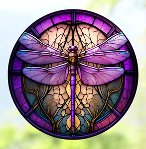 Purple Dragonfly Faux Stained-Glass WINDOW CLING Sun-catcher Size 8" Round Vinyl - Picture 1 of 1