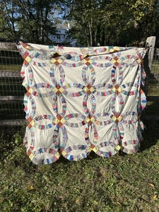 Vintage Double Wedding RIng Quilt Top Feed Sack 1920s-30s Excellent Condition - Picture 1 of 11