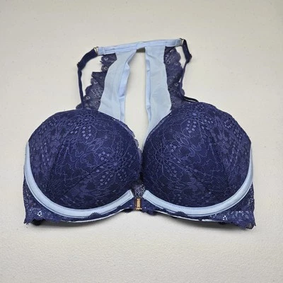 Sujetador ROSA Victoria's Secret para mujer 32DD azul marino claro floral fecha push up Foto 1 de 4