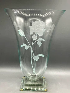Stephen Schlanser 2008 Etched Roses Glass Vase w/ Beveled Base Signed 12" Tall - Picture 1 of 10