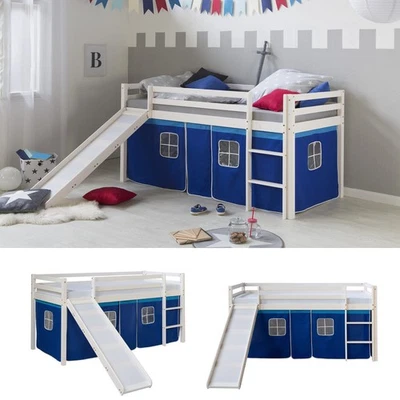 Lit mezzanine enfant 90×200 cm avec toboggan pin blanc rideau bleu Homestyle4u - Photo 1/4