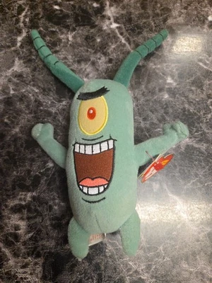 TY 豆豆娃 SHELDON J PLANKTON 毛绒海绵宝宝 9 英寸 2007 带标签 — 第 1/4 张图片