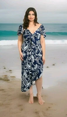 Sexy Vestido Boho Janette Cachemira Corbata Frontal Asimétrico Azul Marino Maxi Plus 1X 2X 3X Foto 1 de 4