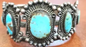 Navajo Natural Turquoise Rare Cluster Bracelet Hand Constructed - Picture 1 of 11