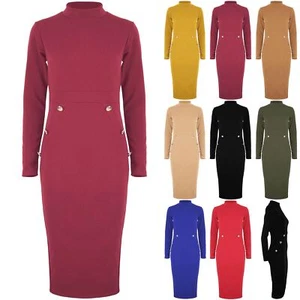 Womens Ladies Side Gold Buttons Polo Turtle Neck Long Sleeve Bodycon Midi Dress - Picture 1 of 10