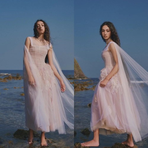 Abito midi tulle drappeggiato pieghe increspato San Valentino linea A colletto quadrato