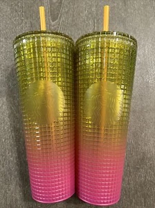 2x Starbucks Lemon Prism Spray Gradient Ombre Summer 2022 Venti Tumbler 24 oz. - Picture 1 of 4