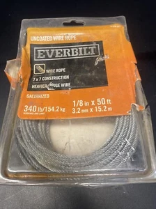 EVERBILT 1/8" X 50' Galvanized Uncoated WIRE METAL ROPE Flexible 278 221 - Picture 1 of 5