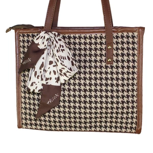 Houndstooth Purse Handbag Tote Brown 11" x 9" Shoulder Bag with Scarf - Picture 1 of 8