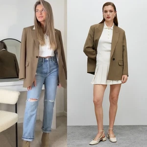ZARA Giacca Blazer Donna XS Marrone Taupe Doppiopetto Classico Lavoro Ufficio - Foto 1 di 10