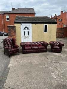 LEATHER CHESTERFIELD 3 PIECE SUITE IN OXBLOOD RED LEATHER CAN DELIVER 🚚🚚🚚🚚🚚 - Picture 1 of 13