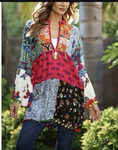 Anandas Collection Boho Patchwork Tunika Minikleid Gr. L Mehrfarbig Bommel - Bild 1 von 7