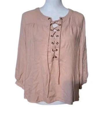 Jolt M/L Coquette Boho Feminine Dainty Balloon Sleeve Lace Up Blouse Pink  - Image 1 of 4