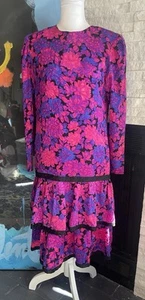 Vintage Silk Studios Rosa Blumen Lagenlook Seide Kleid Stoffknöpfe Größe 8 Petites - Bild 1 von 13