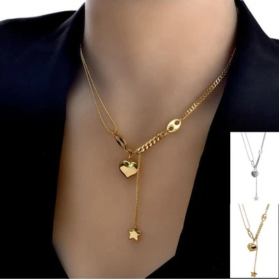 Collana in acciaio inox ciondolo CUORE STELLA APPESA CATENA LUNGA donna - Immagine 1 di 4