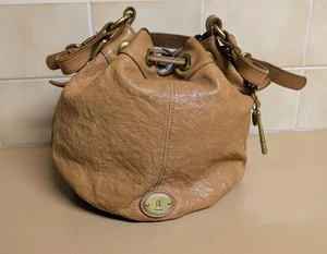 Fossil Tan Leather Bucket Cross Body Drawstring Tote Bag Long Live Vintage #54 - Picture 1 of 12