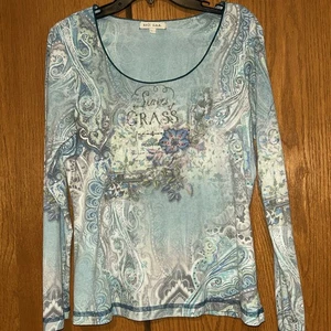 Xcit USA Shirt Größe Large grün blau Paisley Langarm Print Nieten Oberteil - Bild 1 von 5