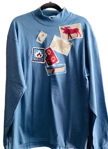 Women Blue Long Sleeves Moose Appliqué Shirt Casual Winter Top XL - Picture 1 of 4