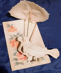 Antique Mechanical Postcard Celluloid Dove Bird Umbrella Embossed Roses Germany - Picture 1 of 8