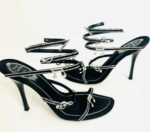ÚNICAS Sandalias René Caovilla Cuero Negro Estrás Tachuelas Satén Nota Musical 8/38 - Imagen 1 de 8