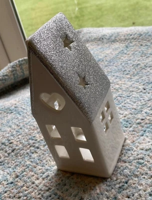 Ceramic House Tealight Holder – White with Silver Glitter Roof – Christmas - Image 1 of 4