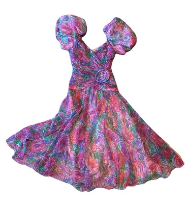 Leslie Fay Vtg 1980’s Evenings 6 Floral Ruched Dress Shoulder Puff Spring Pink - Image 1 of 4