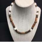 Wood Puka Pooka Necklace 18 In Unisex Surfer BoHo White Shell Brown Silver Screw