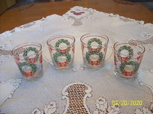 Libbey Christmas Wreath, Bow & Bell Pattern Set Of 4 Double Old Fashion Glasses - Picture 1 of 9