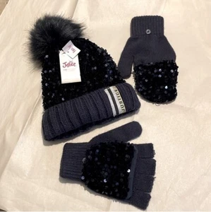 Justice Sequins Blue Beanie with Faux Fur Pom Pom, One Size, little girls. - Picture 1 of 6