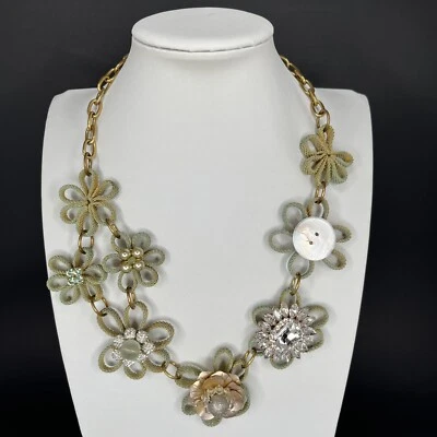 Collar Lenora Dama Malla Flores Estrás Declaración Tono Dorado Verde Grueso Foto 1 de 4