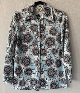 Blusa Devonette Vintage Años 70 Negra Bebé Azul Estampado Talla M - Imagen 1 de 8