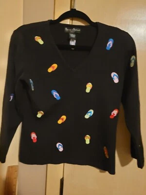 Y2K Mercer Madison Black Cotton Embroidry Beach sandal Sweater 3/4 Slv P L Simon - Image 1 of 4
