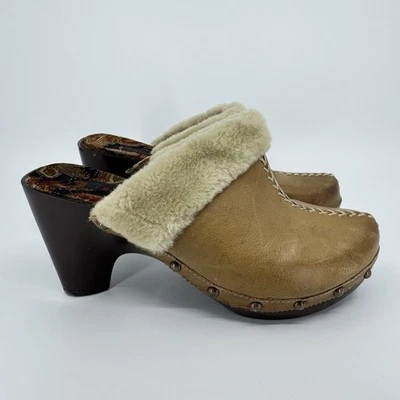 Bare Traps Women’s Addison Brown Leather Studded Clogs Mules Heels Sz 7 Faux Fur - Image 1 of 4