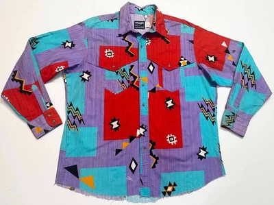 Vintage Wrangler Western Cowboy Aztec Graphic Button Shirt Mens Sz 17.5x35 - Image 1 of 4