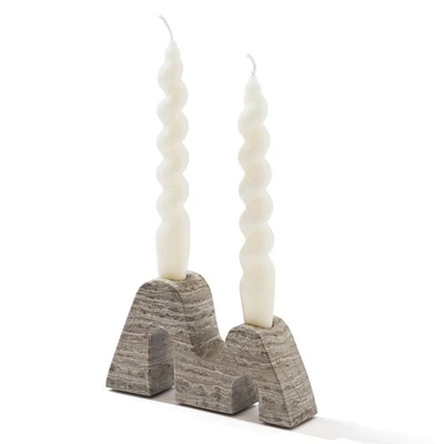 Marble Candlestick Holders M-Shaped Handcrafted Grey Wood-Grain Stone Candle ... - Image 1 of 4