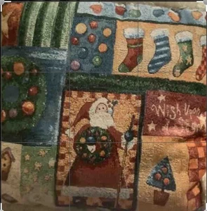Vintage Christmas Tapestry Patchwork Throw Pillow Fringe 16 X 16 Santa Stockings - Picture 1 of 3