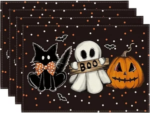 Halloween Tischsets 4er Set Leinen Tischsets 12x18 Zoll Kürbis Geist Katze - Bild 1 von 12