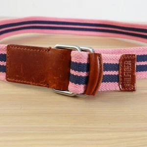 VINTAGE Tommy Hilfiger Belt 32 Pink Striped Webbed Canvas Classic Double Buckle - Picture 1 of 9