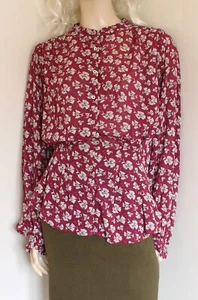 Next dark pink cream print 40s/80s oversized viscose peplum blouse size 12 retro - Picture 1 of 6