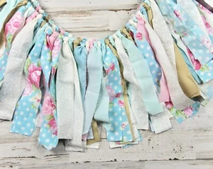 Floral robin's egg blue & pink handmade shabby farmhouse fabric banner backdrop - Picture 1 of 5