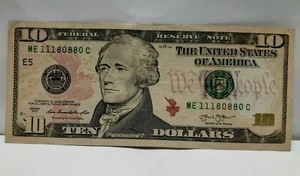 Fancy Serial Number TEN $ 10 Dollar Bill Serial Numbers. # ME11180880C - Picture 1 of 5