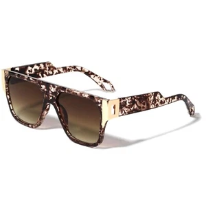 Fashion Oversized Square Sunglasses Flat Top Shield Leopard Print Gold Accent - Picture 1 of 4