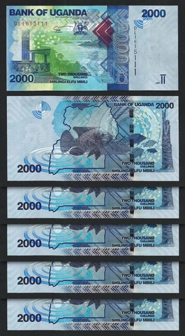 Uganda 2000 Shillings 2021 2022, UNC, 5 Pcs Lot Consecutive, P-50 New Sign Date Cover