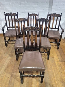 Antique style set of 6 carved oak kitchen / dining chairs - Picture 1 of 20